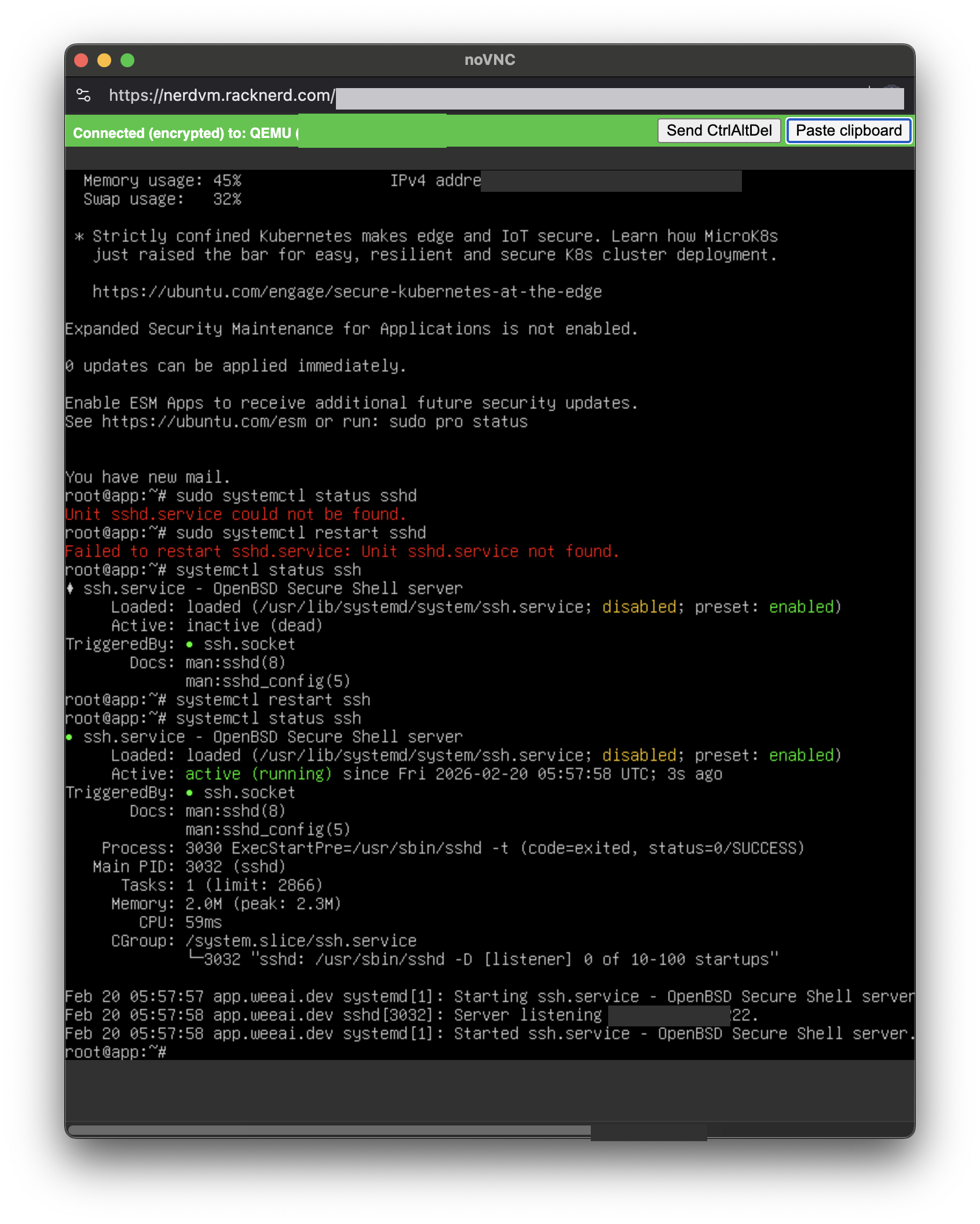 VPS console showing SSH service name confusion - sshd vs ssh on Ubuntu